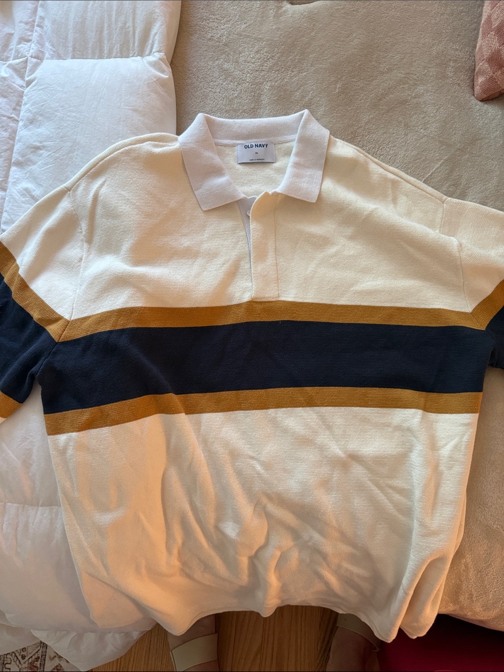 Old Navy Cream Polo with Navy and Gold Stripes